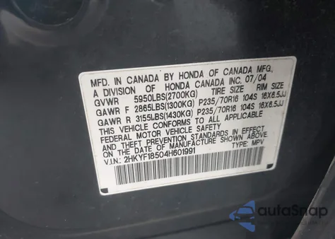 2004 Honda Pilot Ex-L z USA, uszkodzony, nr VIN 2HKYF18504H601991